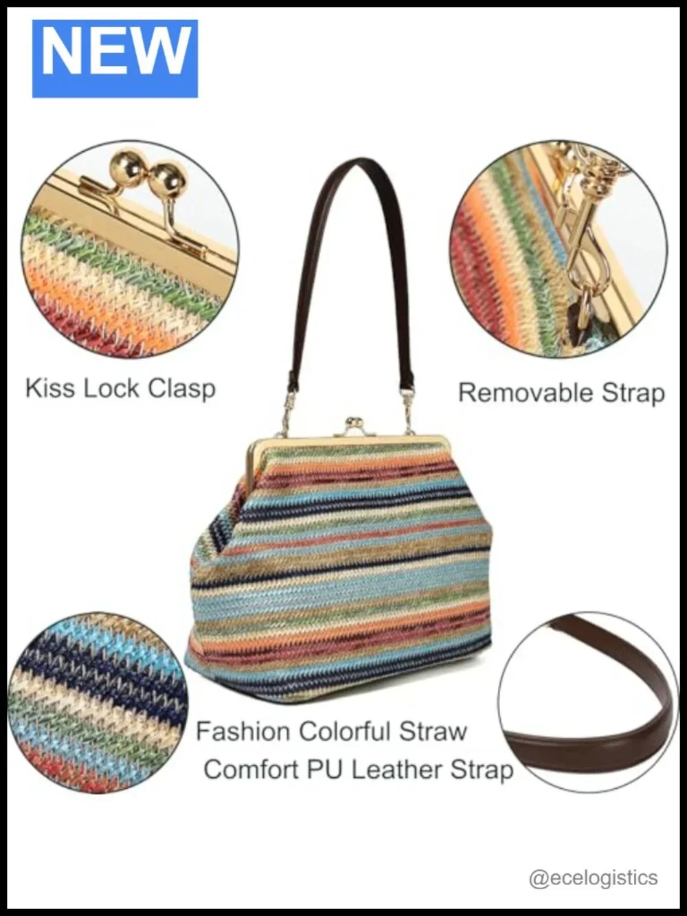 Kiss Lock Tote Handbag Underarm Shoulder Bag Clutch Purse Straw